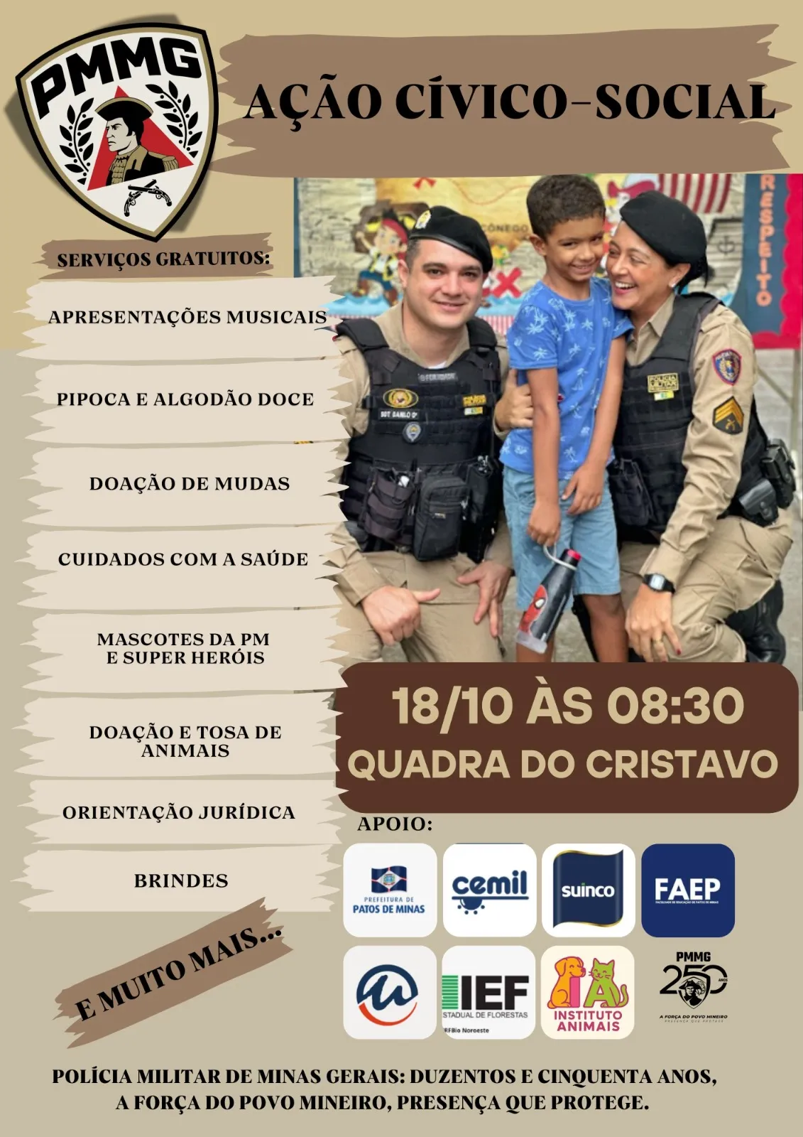 Ação Cívico-Social promovida pela Polícia Militar acontece neste sábado em Patos de Minas